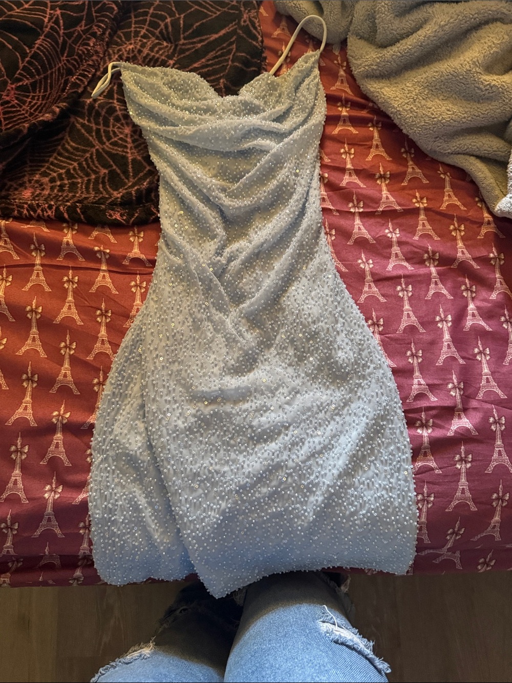 Windsor Light Blue Beaded Cowl Mini Dress